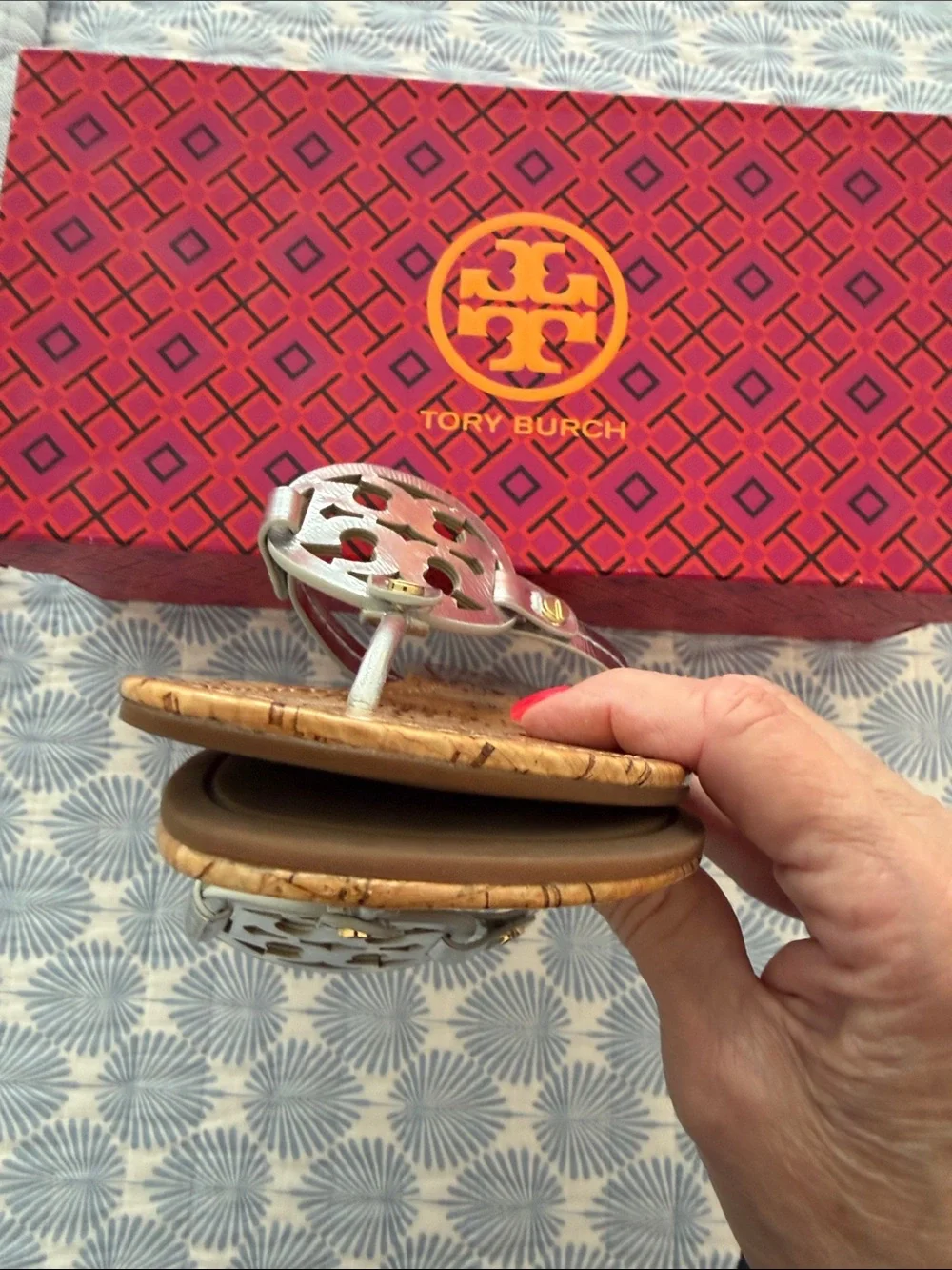 Tory Burch Silver Logo Cork Thong Sandals - Picture 6 of 7